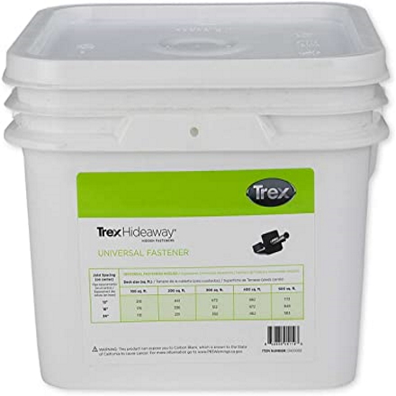 Bucket of Trex Universal Clips, covering an area of 45 meters squared. 