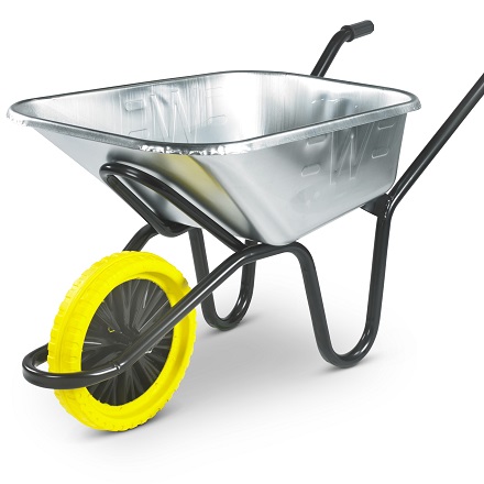 Image of heavy duty wheel barrow with a white background. 