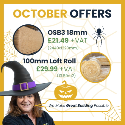 Image of FORT staff member wearing witch hat for Halloween theme with FORT Builders' Merchant October special offer.