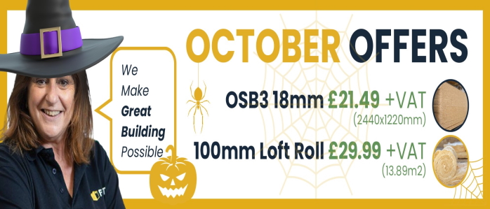 Image of FORT staff member wearing witch hat for Halloween theme with FORT Builders' Merchant October special offer.