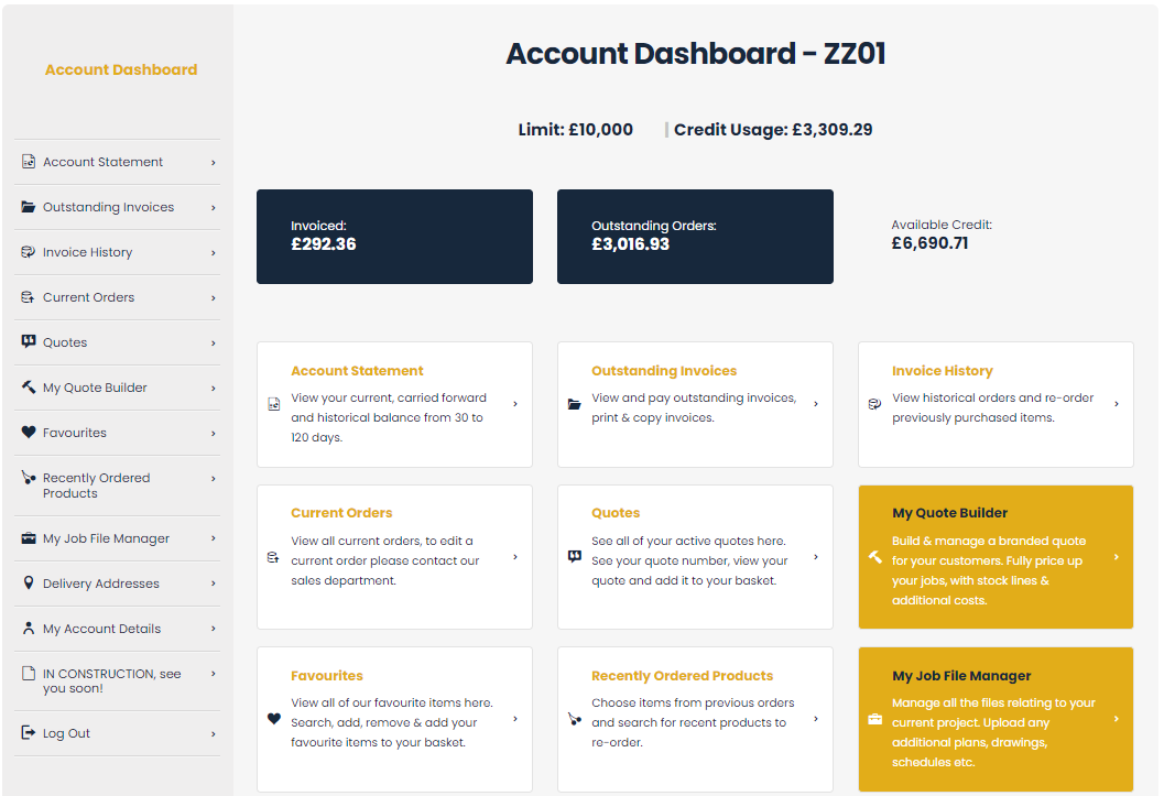 Screenshot of the FORT Builders' Merchants portal, showing the main account dashboard. 