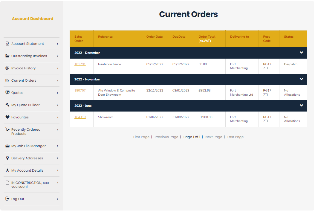 Screenshot of FORT Builders' Merchant current orders page within the FORT Portal. 