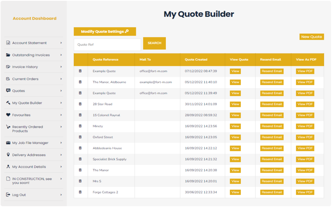 Screenshot of FORT Builders' Merchant My Quote Manager tool on the FORT portal. 
