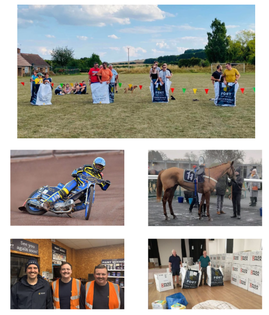 A selection/collage of images displaying the aid that FORT has offered for sports and local communities in 2022. 