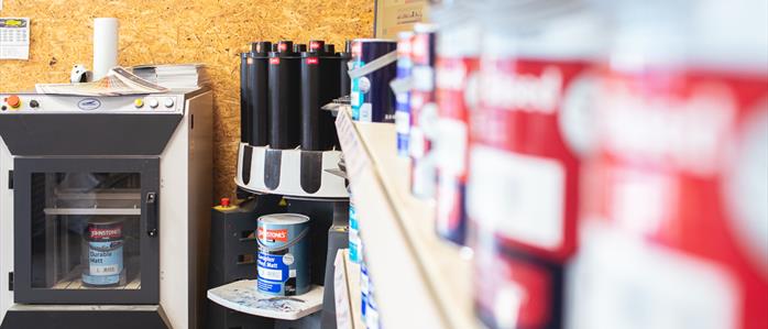 Image of our paint tinting and mixing service station at our yard in Membury, Lambourn Woodlands. 