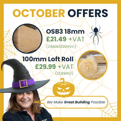 Image of FORT staff member wearing witch hat for Halloween theme with FORT Builders' Merchant October special offer.  
