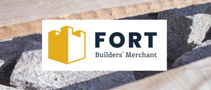 FORT Builders' Merchant logo sitting on top of image of gabion stone in the FORT yard. 
